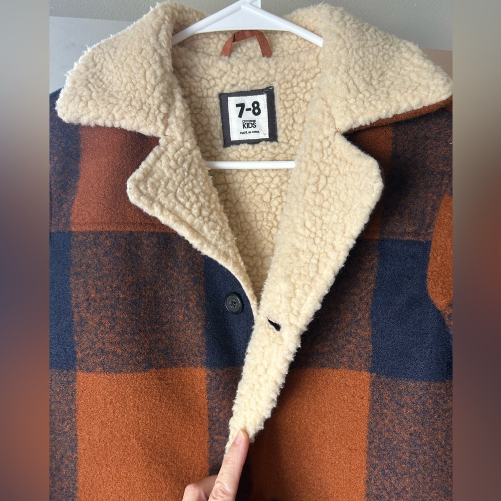 COTTON ON Kids plaid “wool” coat size 7-8 Yr old. NWOT. Faux “Shearling” lined. - Picture 2 of 8